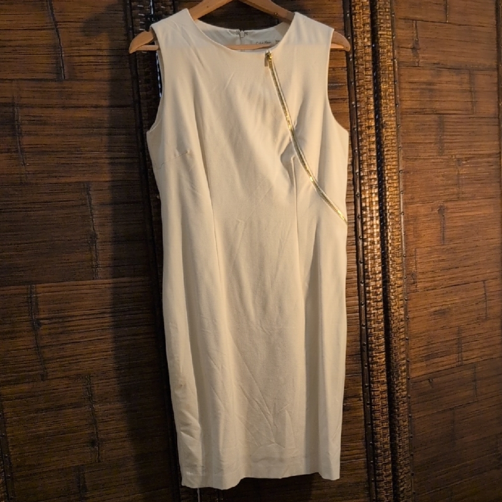 Calvin Klein Cream Midi Dress with Gold Zipper